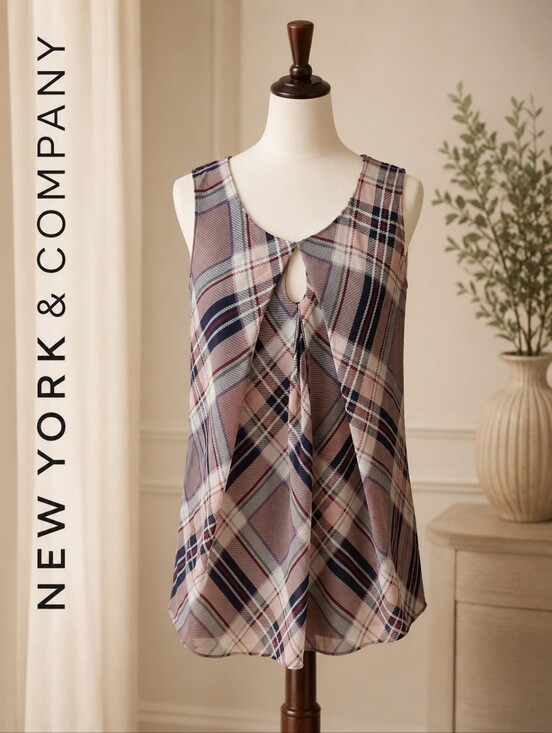 New York & Company Tops - New York and Company, Sleeveless , mixed media plaid blouse -navy-blush